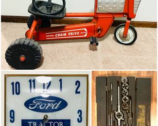 A vintage AMF Junior Trac pedal tractor, a vintage Ford Tractor Equipment bubble clock and a vintage tap and die set for creating screw threads.