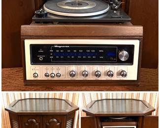a vintage 1970s Magnavox Micromatic drum table console stereo.