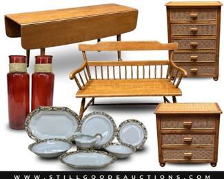 Beanie babies, toys, games, clocks, Willow Tree, rugs, Shannon crystal, Asian furniture, David Marsh handpainted furniture, Swarovski, Frontgate pool floats, curtains, gold jewelry, Lenox, Disney, Looney Tunes, Cuisinart, and much more!
