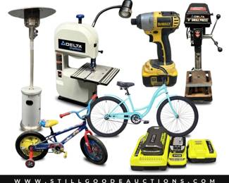 Drill press, fireplace mantel, Villeroy & Boch, golf clubs, dulcimer instrument, Christmas trees, Waterford, tackle box, Round Top, Portmeirion, cricut accessories, vintage books, vintage NES Nintendo, miner’s lamp, and much more!
