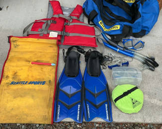 Lot 5: Adult snorkeling gear set with fins, mask, snorkel, and life vest