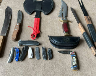 Lot 86: Assorted Knives, Machetes, and a Decorative Zombie-Killer Axe