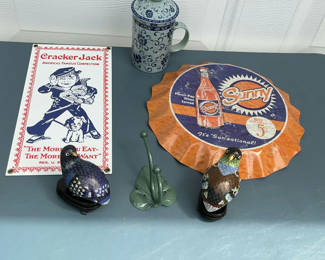 Lot 84: Vintage advertising signs, cloisonne bird figurines, and mug