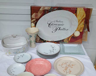 Lot 75: Assorted porcelain dinnerware with floral patterns and serving pieces