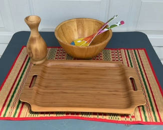 Lot 77: Wooden Serving Tray, Vase and Bowl with Utensils