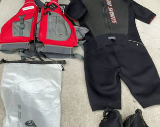 Lot 3: Wetsuit, PFD, neoprene boots, and dry bag set