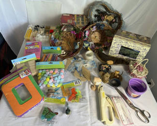 Lot 93: Assorted Craft Supplies and Decorative Baskets with Clocks