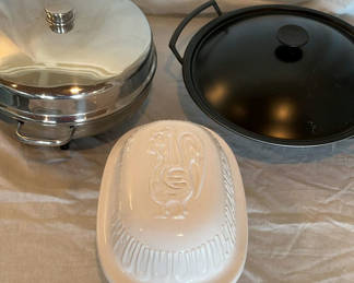 Lot 82: Le Crueset Pan, Farberware Electric Skillet, and ceramic rooster dish