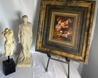 Lot 7: Framed floral still life with classical sculptures