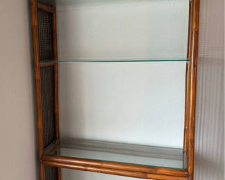 Lot 5: Tall wooden display shelf with glass shelves and woven cane panels