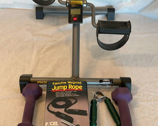 Lot 76: Pedal Exerciser with Jump Rope Kit and Purple Dumbbells
