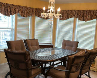 Lot 1: Metal Patio Dining Table, Six chairs with cushions