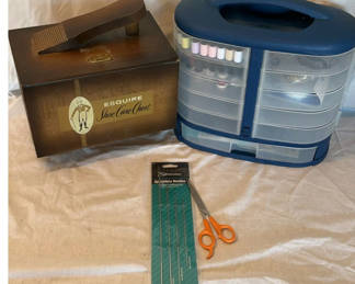 Lot 83: Vintage Shoe Care Chest And Small Sewing Box