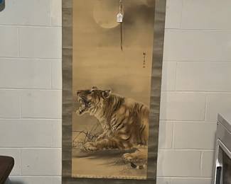Antique Japanese scroll with roaring tiger