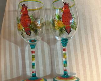 Painted parrots wine glasses