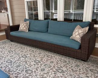 L12 - $1500. Pottery Barn Torrey Wicker Square Arm Grand Outdoor Sofa & Ottoman. Measures 110" x 40" x 30.5" tall. Includes all weather cover & white replacement cushion covers. Ottoman is 76" x 33" x 11.5" tall (15" tall with cushion). Gentle wear on cushions but the wicker frames are in excellent condition - no issues noted.