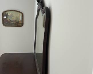 L8 - $475. Believed to be RJ Horner. Figural Carved Framed Mirror. Has dovetailed, Birdseye Maple lined drawers. Needs new handles, but all drawers are solid, quite heavy and slide perfectly! Antique Dresser from NYC. Measures 55.5" x 26" deep x 33" tall. Mirror is 45" x 41". 74" tall assembled. Has 2 small holes on the top that look original but I'm not sure what is supposed to go in them.