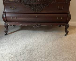 L8 - $475. Believed to be RJ Horner. Figural Carved Framed Mirror. Has dovetailed, Birdseye Maple lined drawers. Needs new handles, but all drawers are solid, quite heavy and slide perfectly! Antique Dresser from NYC. Measures 55.5" x 26" deep x 33" tall. Mirror is 45" x 41". 74" tall assembled. Has 2 small holes on the top that look original but I'm not sure what is supposed to go in them.