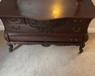 L8 - $475. Believed to be RJ Horner. Figural Carved Framed Mirror. Has dovetailed, Birdseye Maple lined drawers. Needs new handles, but all drawers are solid, quite heavy and slide perfectly! Antique Dresser from NYC. Measures 55.5" x 26" deep x 33" tall. Mirror is 45" x 41". 74" tall assembled. Has 2 small holes on the top that look original but I'm not sure what is supposed to go in them.