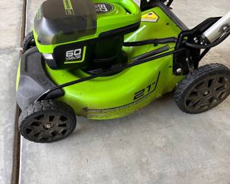 L88 - $450. Greenworks Pro 60V Push mower 21". String Trimmer & Blower. Includes 6 batteries & 3 chargers.