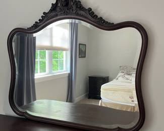 L8 - $475. Believed to be RJ Horner. Figural Carved Framed Mirror. Has dovetailed, Birdseye Maple lined drawers. Needs new handles, but all drawers are solid, quite heavy and slide perfectly! Antique Dresser from NYC. Measures 55.5" x 26" deep x 33" tall. Mirror is 45" x 41". 74" tall assembled. Has 2 small holes on the top that look original but I'm not sure what is supposed to go in them.