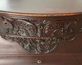 L8 - $475. Believed to be RJ Horner. Figural Carved Framed Mirror. Has dovetailed, Birdseye Maple lined drawers. Needs new handles, but all drawers are solid, quite heavy and slide perfectly! Antique Dresser from NYC. Measures 55.5" x 26" deep x 33" tall. Mirror is 45" x 41". 74" tall assembled. Has 2 small holes on the top that look original but I'm not sure what is supposed to go in them.