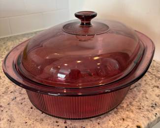 L57 - $20. Corning Visions Cranberry Lidded Dish. 16". Oven, Microwave & Freezer Safe.