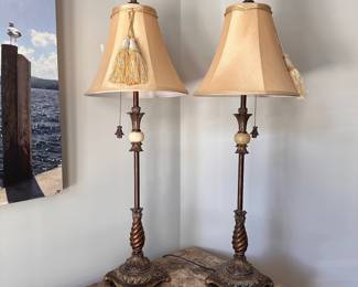 L24 - $45. PAIR of Buffet Lamps. Measures 34" tall. Shades are in good condition.