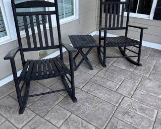 L103 - $80. PAIR of Black Wooden Rocking Chairs with single side table. Sturdy chairs. No name.