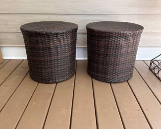 L13 - $60. PAIR of Wicker Barrel Side Tables. Measures 17.5" x 16.5" tall.