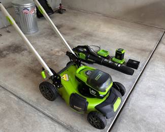 L88 - $450. Greenworks Pro 60V Push mower 21". String Trimmer & Blower. Includes 6 batteries & 3 chargers.