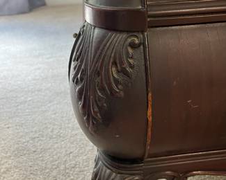 L8 - $475. Believed to be RJ Horner. Figural Carved Framed Mirror. Has dovetailed, Birdseye Maple lined drawers. Needs new handles, but all drawers are solid, quite heavy and slide perfectly! Antique Dresser from NYC. Measures 55.5" x 26" deep x 33" tall. Mirror is 45" x 41". 74" tall assembled. Has 2 small holes on the top that look original but I'm not sure what is supposed to go in them.