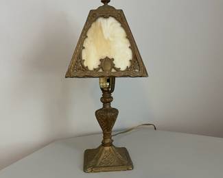 L5 - $125. Vintage / Antique Slag Glass Lamp. Metal Base that has been painted, minor chipping. Measures 16" tall.