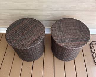 L13 - $60. PAIR of Wicker Barrel Side Tables. Measures 17.5" x 16.5" tall.