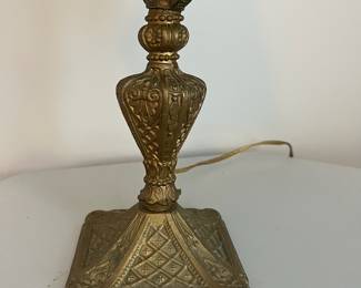 L5 - $125. Vintage / Antique Slag Glass Lamp. Metal Base that has been painted, minor chipping. Measures 16" tall.