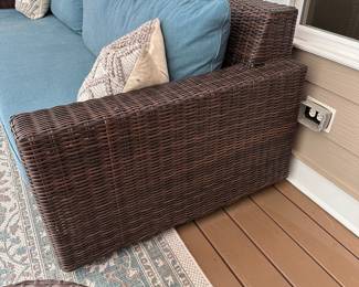 L12 - $1500. Pottery Barn Torrey Wicker Square Arm Grand Outdoor Sofa & Ottoman. Measures 110" x 40" x 30.5" tall. Includes all weather cover & white replacement cushion covers. Ottoman is 76" x 33" x 11.5" tall (15" tall with cushion). Gentle wear on cushions but the wicker frames are in excellent condition - no issues noted.