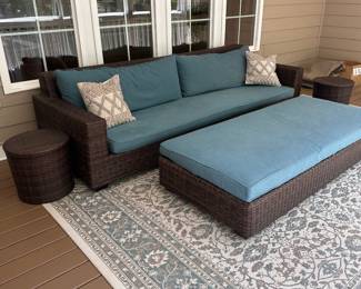 L12 - $1500. Pottery Barn Torrey Wicker Square Arm Grand Outdoor Sofa & Ottoman. Measures 110" x 40" x 30.5" tall. Includes all weather cover & white replacement cushion covers. Ottoman is 76" x 33" x 11.5" tall (15" tall with cushion). Gentle wear on cushions but the wicker frames are in excellent condition - no issues noted.