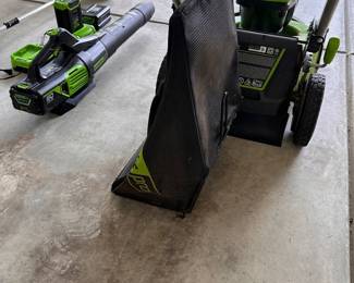 L88 - $450. Greenworks Pro 60V Push mower 21". String Trimmer & Blower. Includes 6 batteries & 3 chargers.