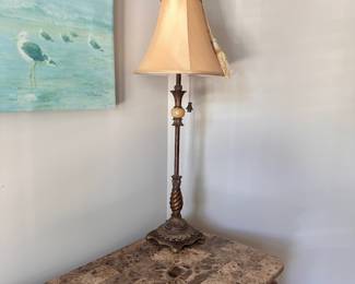 L24 - $45. PAIR of Buffet Lamps. Measures 34" tall. Shades are in good condition.