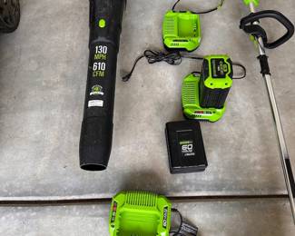 L88 - $450. Greenworks Pro 60V Push mower 21". String Trimmer & Blower. Includes 6 batteries & 3 chargers.