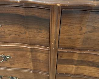 L16 - $125. Bassett Furniture Dresser with Mirror. Measures 52.5" wide x 17.75" deep x 31.75" tall. Mirror is 26" x 37". Mirror is NOT attached and is wall hanging. All drawers slide easily. Minor surface wear / marks.