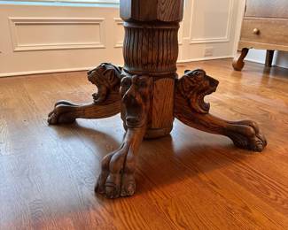 L10 - $350. Round or Oval Solid Wood Dining Table. Has carved lions on the base. Measures 48" round x 29.5" tall. 2 leaves are 11.5" each. I believe this is Hastings Table Co. or RJ Horner. Both made similar tables in the late 1800s. Table top isn't terrible but has a few marks here and there. Sturdy & very useable as is!