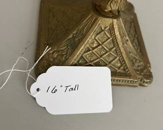 L5 - $125. Vintage / Antique Slag Glass Lamp. Metal Base that has been painted, minor chipping. Measures 16" tall.