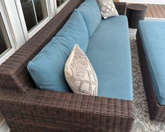 L12 - $1500. Pottery Barn Torrey Wicker Square Arm Grand Outdoor Sofa & Ottoman. Measures 110" x 40" x 30.5" tall. Includes all weather cover & white replacement cushion covers. Ottoman is 76" x 33" x 11.5" tall (15" tall with cushion). Gentle wear on cushions but the wicker frames are in excellent condition - no issues noted.