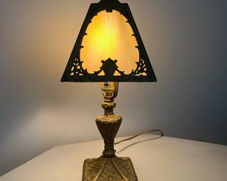 L5 - $125. Vintage / Antique Slag Glass Lamp. Metal Base that has been painted, minor chipping. Measures 16" tall.