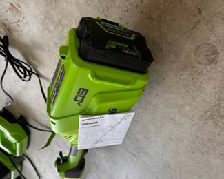L88 - $450. Greenworks Pro 60V Push mower 21". String Trimmer & Blower. Includes 6 batteries & 3 chargers.
