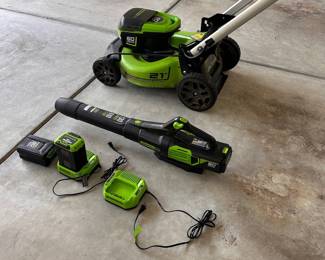 L88 - $450. Greenworks Pro 60V Push mower 21". String Trimmer & Blower. Includes 6 batteries & 3 chargers.