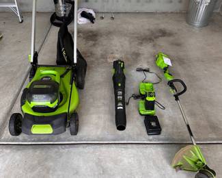 L88 - $450. Greenworks Pro 60V Push mower 21". String Trimmer & Blower. Includes 6 batteries & 3 chargers.