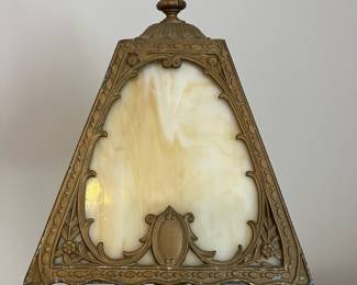 L5 - $125. Vintage / Antique Slag Glass Lamp. Metal Base that has been painted, minor chipping. Measures 16" tall.