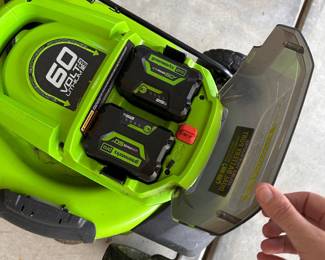 L88 - $450. Greenworks Pro 60V Push mower 21". String Trimmer & Blower. Includes 6 batteries & 3 chargers.